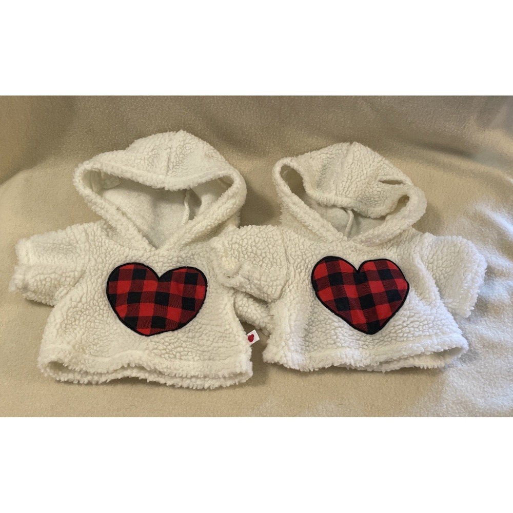 Build A Bear Workshop White Wooly Sherpa Fleece Hoodies Red & Black Plaid Heart